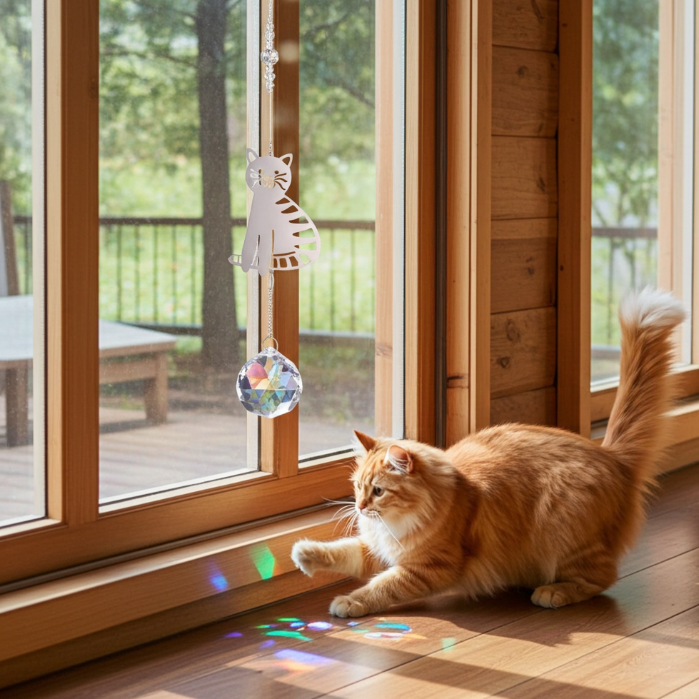 Cat playing with a crystal suncatcher prism rainbows near a window