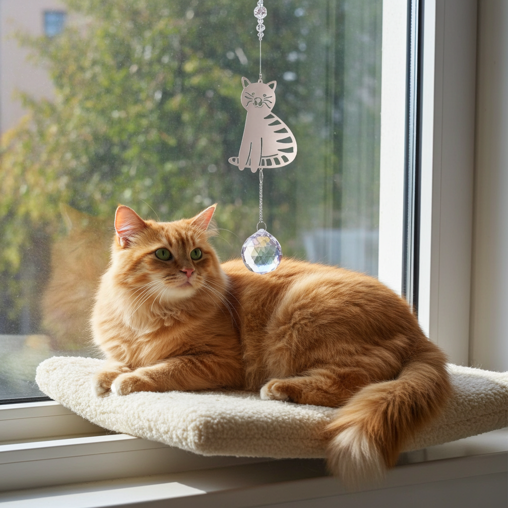 Cat sitting on a windowsill with a cat-shaped crystal prism suncatcher hanging above