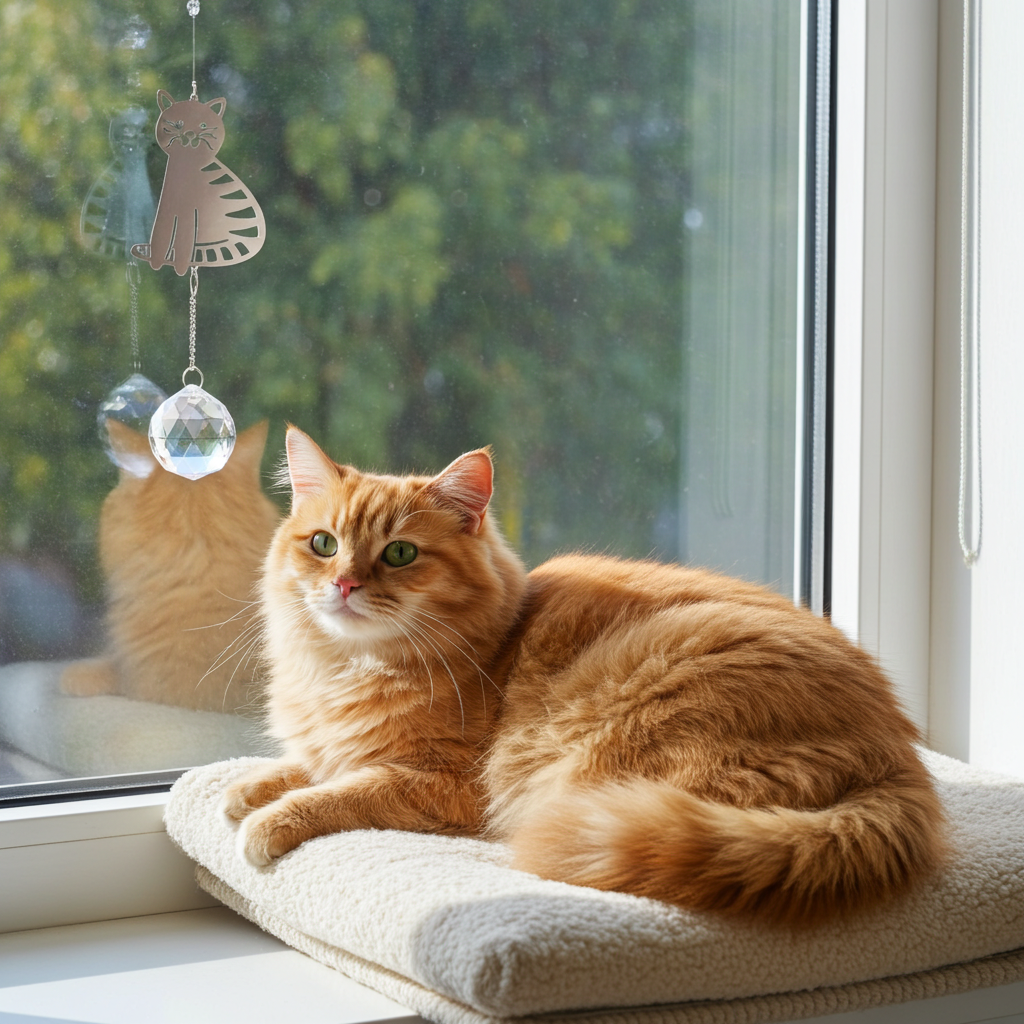 Orange cat sitting on a windowsill with a decorative hanging crystal and cat-shaped ornamental suncatcher