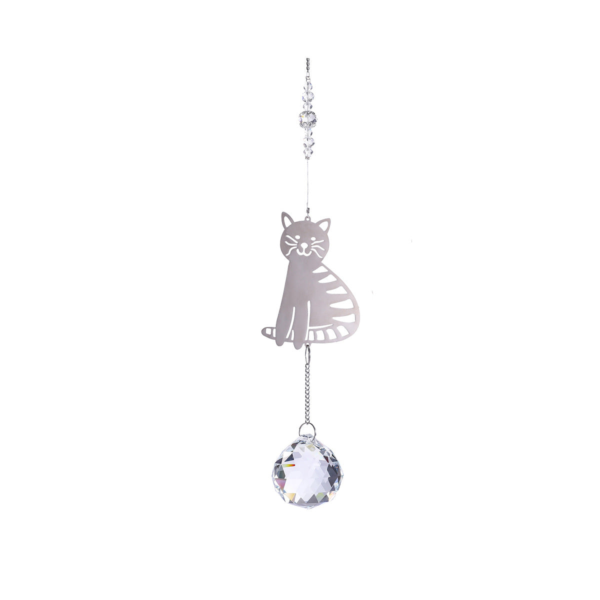 Decorative hanging cat-shaped ornament with crystal prism on a white background