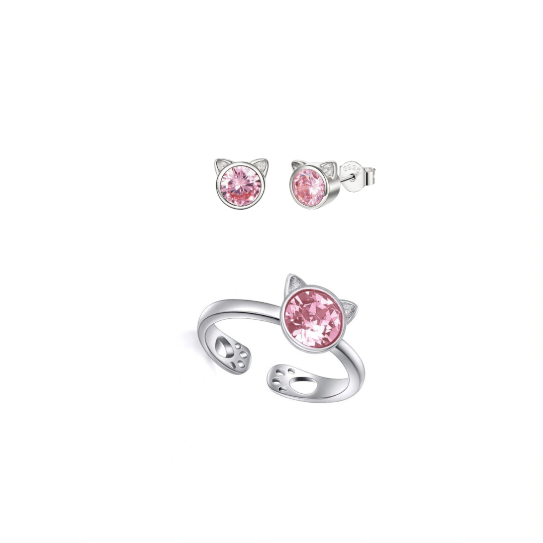 GIFT SET: Sterling Silver Crystal Cat Earrings &amp; Matching Ring