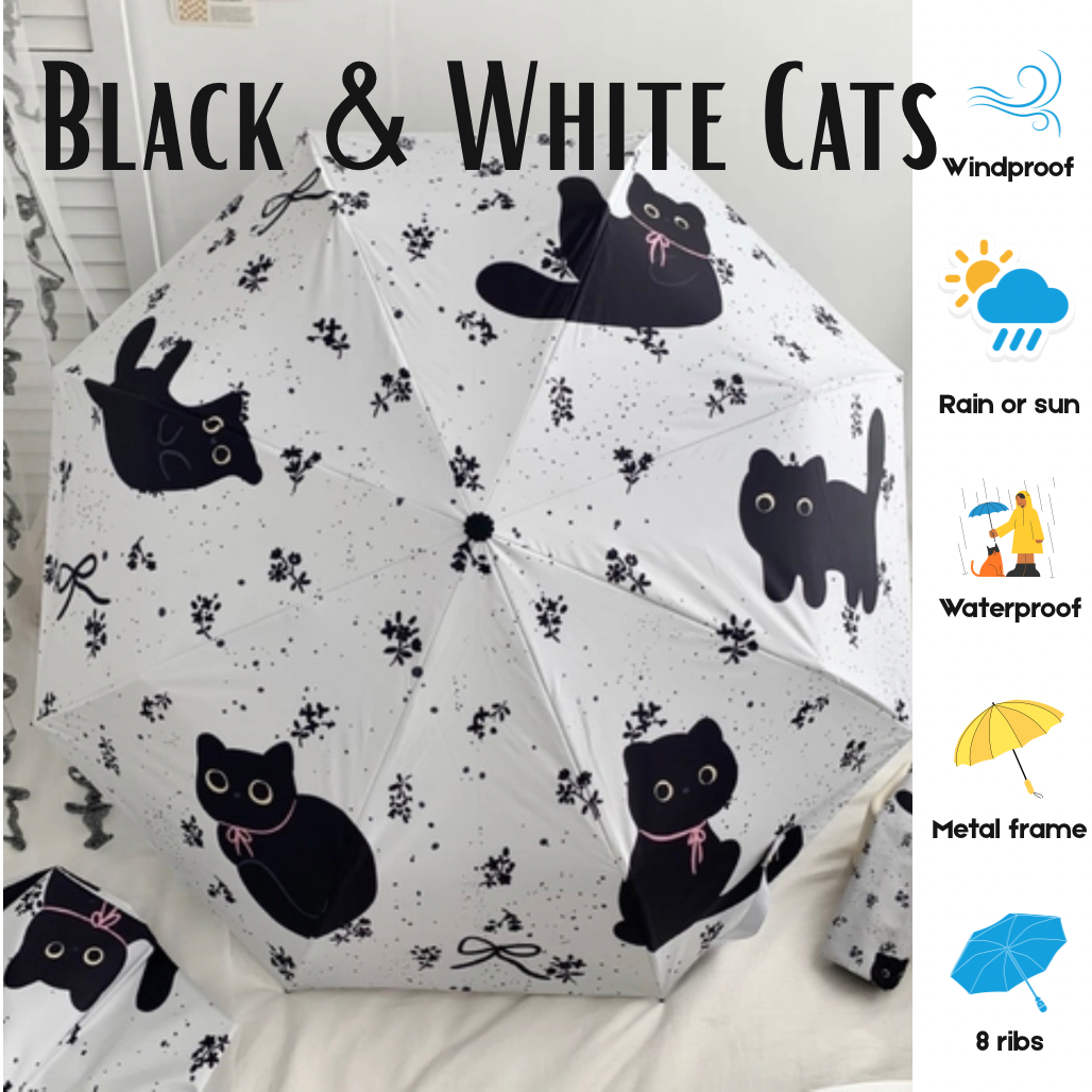 Umbrella with black cat pattern on a white background
