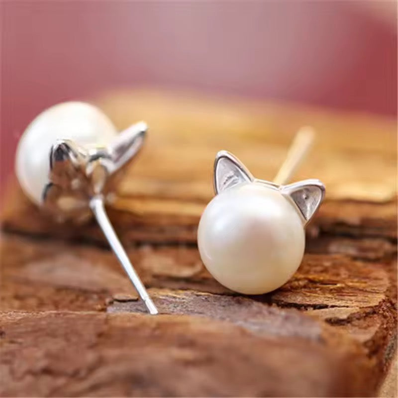 Dainty Pearl Earrings with Cat Ears