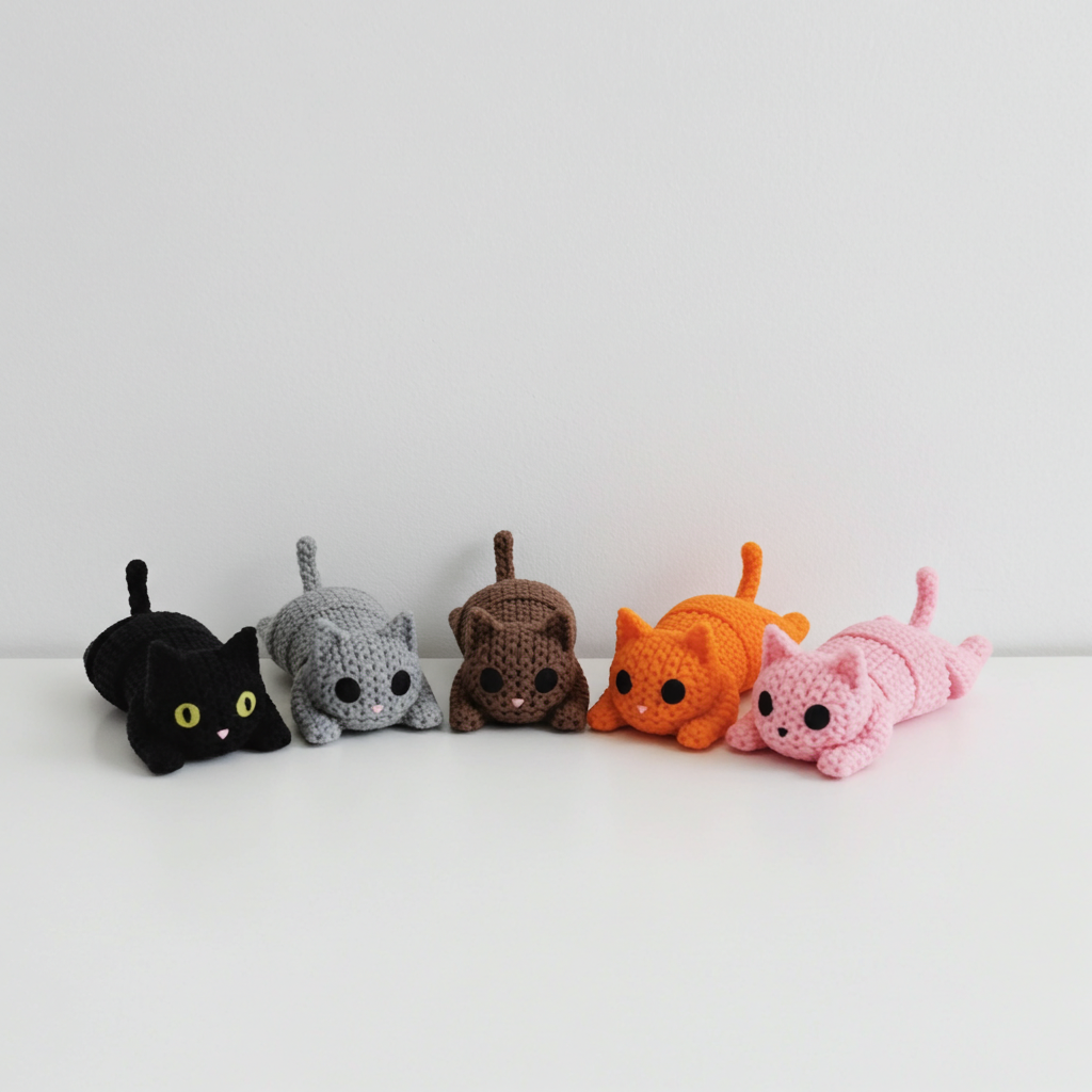 Five colorful crochet cat toys on a white surface with a light gray background