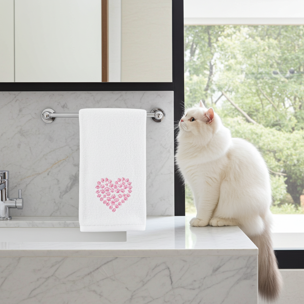 White cat sitting on a windowsill next to a towel with an embroidered pink heart design made of cats in a bathroom.