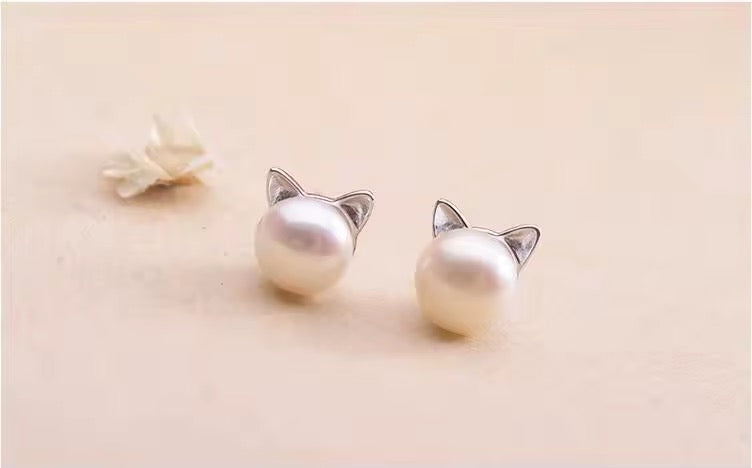 Dainty Pearl Earrings with Cat Ears
