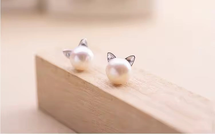 Dainty Pearl Earrings with Cat Ears