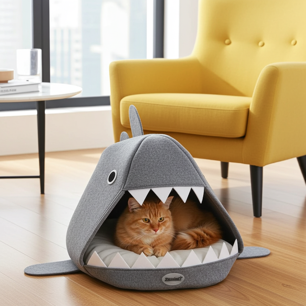 Cat lying in a shark-shaped pet bed in a modern living room.