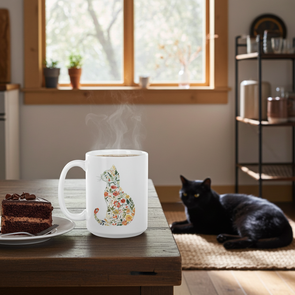 White mug with floral cat design on a wooden table, with a black cat in the background.