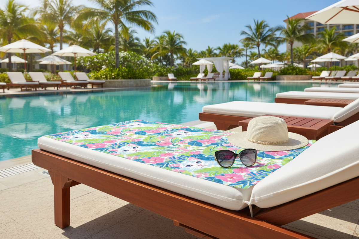 Florida Cats print microfiber beach towel on a lounge chair by a pool with palm trees and umbrellas in the background