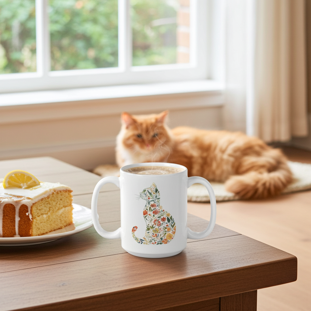 Cat-themed mug on a table with a slice of cake and a cat in the background