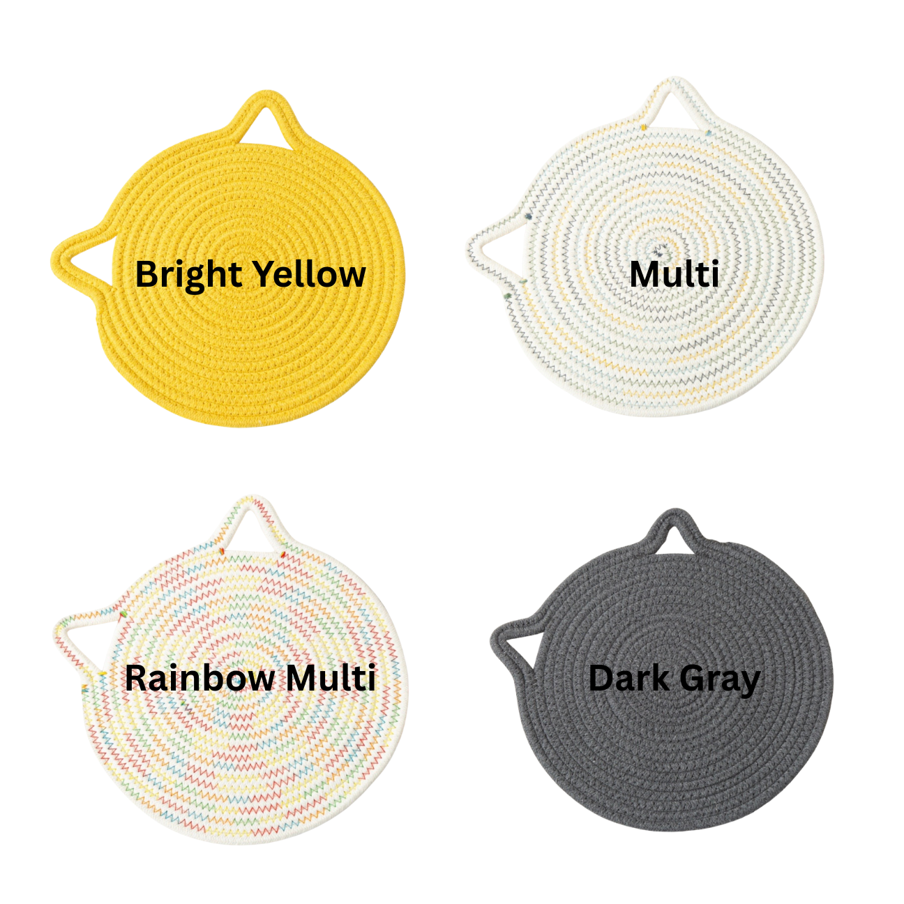 Four round woven trivets in different colors with labels on a white background.
