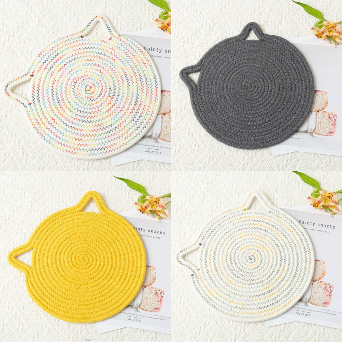 Four round woven seven inch trivets in different colors on a magazine background