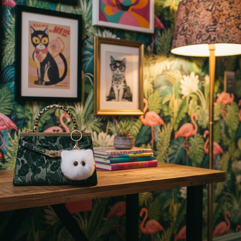 Handbag with a white fluffy cat purse charm on a table against a colorful flamingo-themed wallpaper.