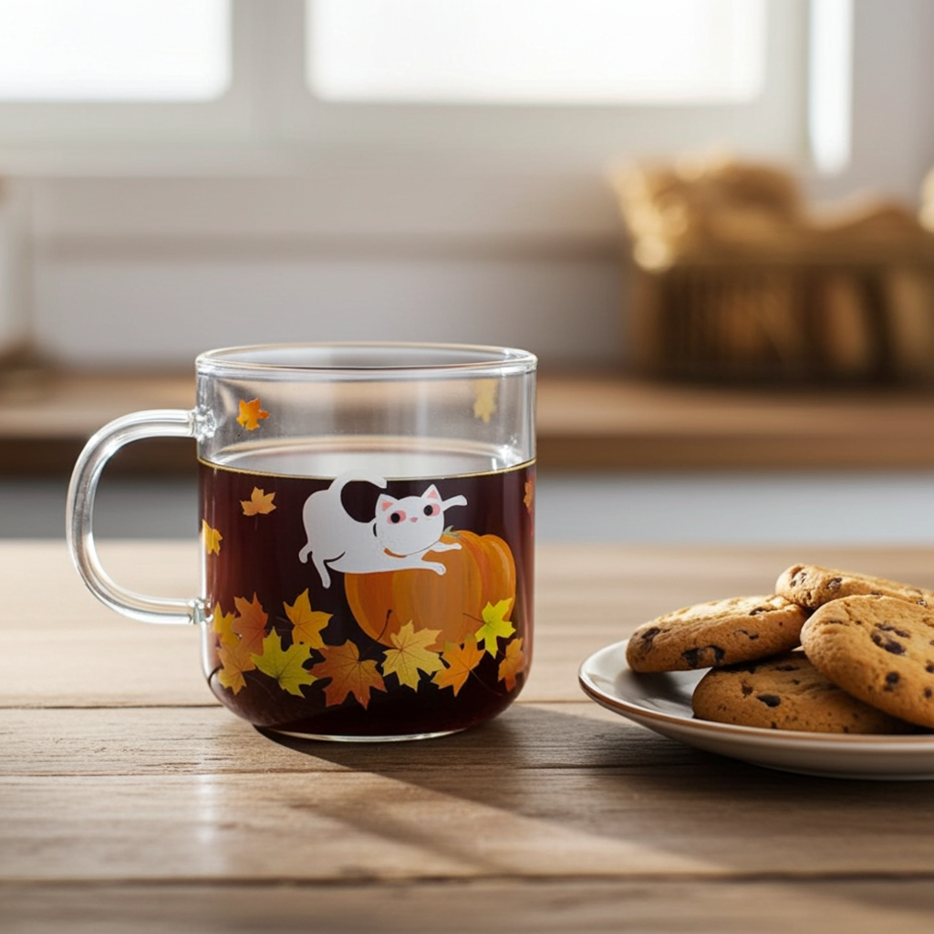 Glass Cat Mug | Fall Leaves and Pumpkin Design