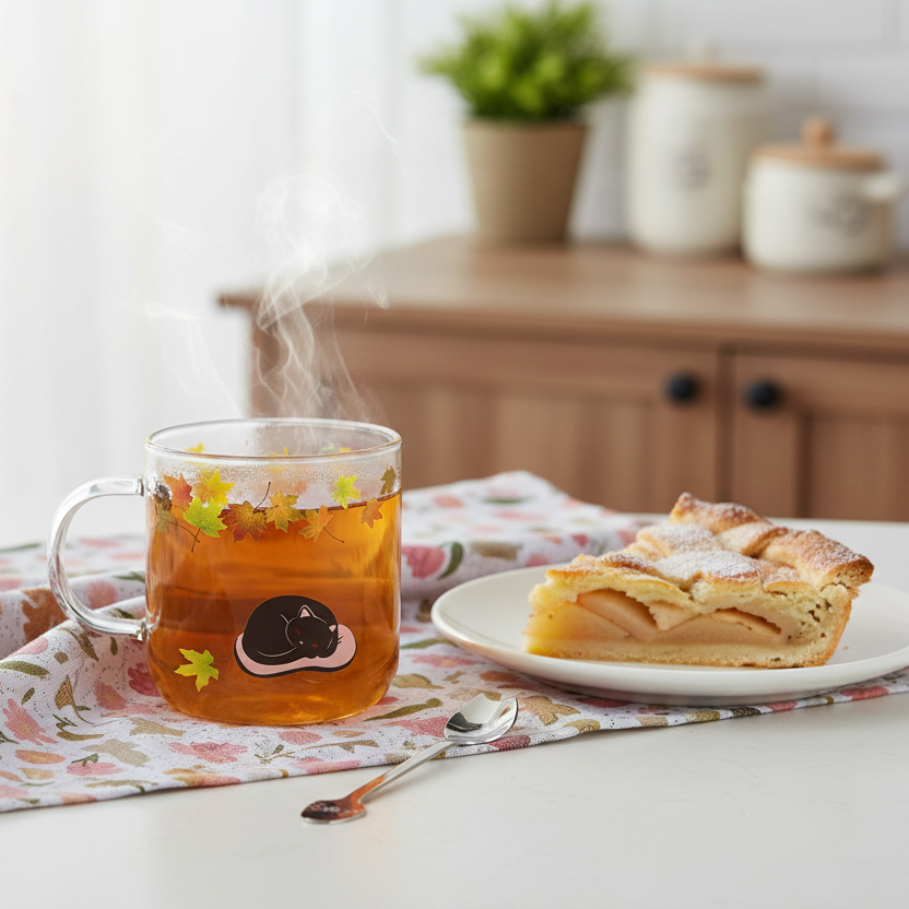 Steaming handpainted glass mug of tea with cats and pumpkins on a counter next to a cat pattern kitchen towel and cat spoon