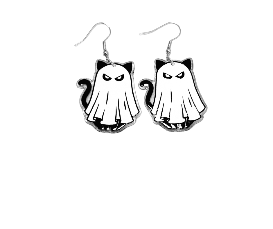 Pair of ghost-shaped earrings on a white background