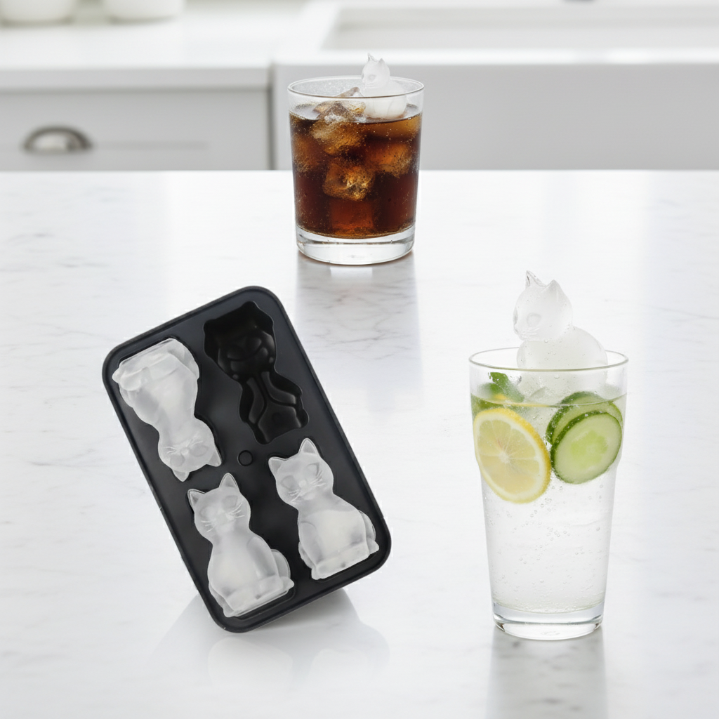 Cat-shaped ice cube tray with two glasses of iced soft drinks on a marble countertop.