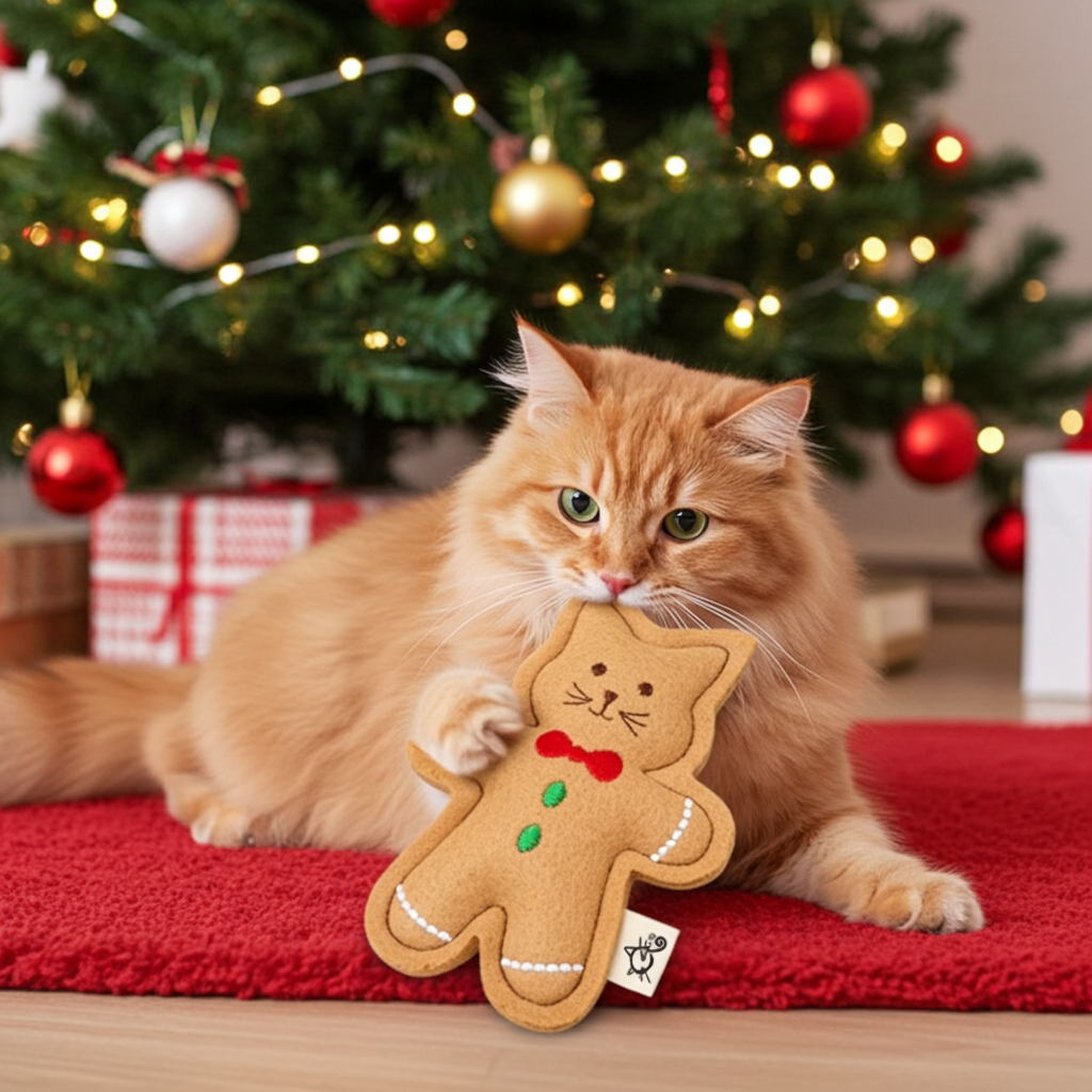 orange cat nibbling on a catnip filled Gingerbread Cat felt toy. Sitting on a red rug under a Christmas tree.