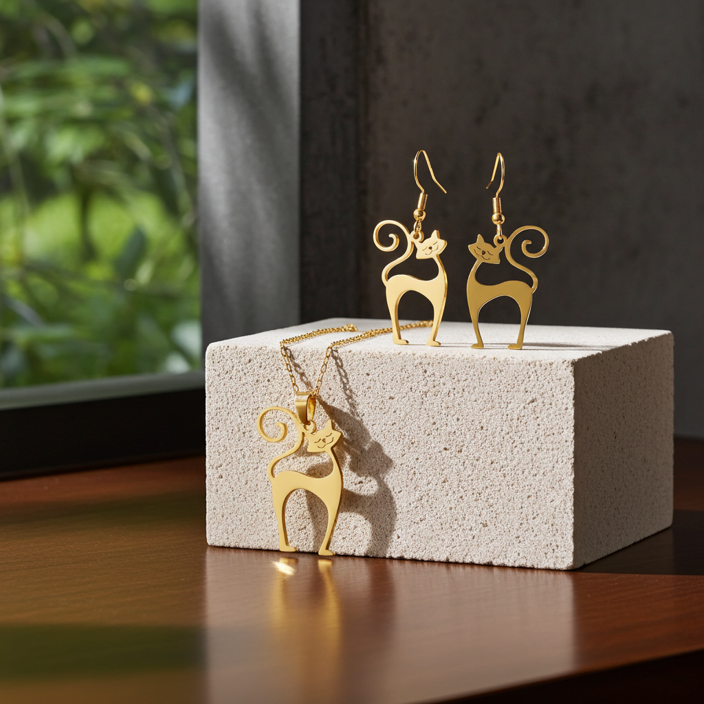 Gold cat-shaped jewelry set on a textured white block with a blurred green and gray background.