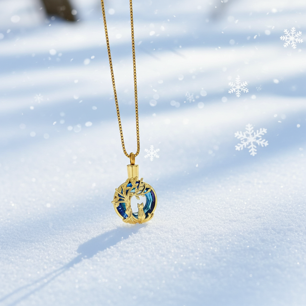 Gold Cat necklace with a blue pendant on a snowy background