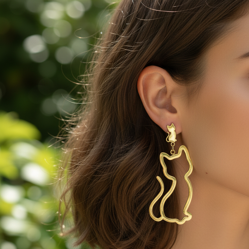 Gold cat-shaped earring worn by a person with a blurred green background