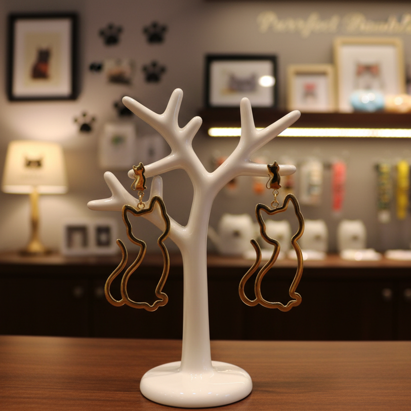 Cat-shaped earrings with adorable cat posts at the top hang from a white tree-like stand with a blurred store background