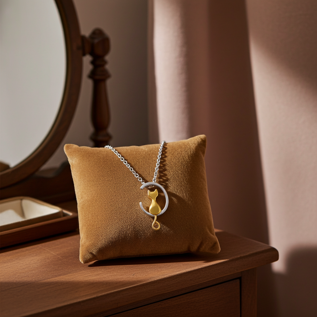 Cat Keepsake Memorial Necklace on a brown pillow in front of a mirror.