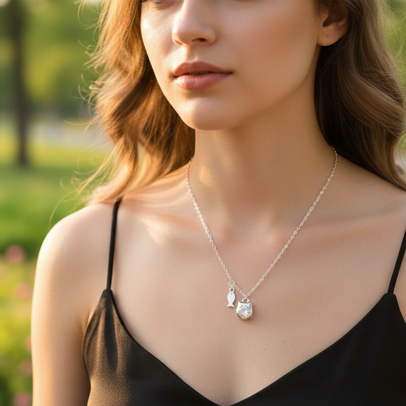 Woman wearing a necklace with a blurred park background