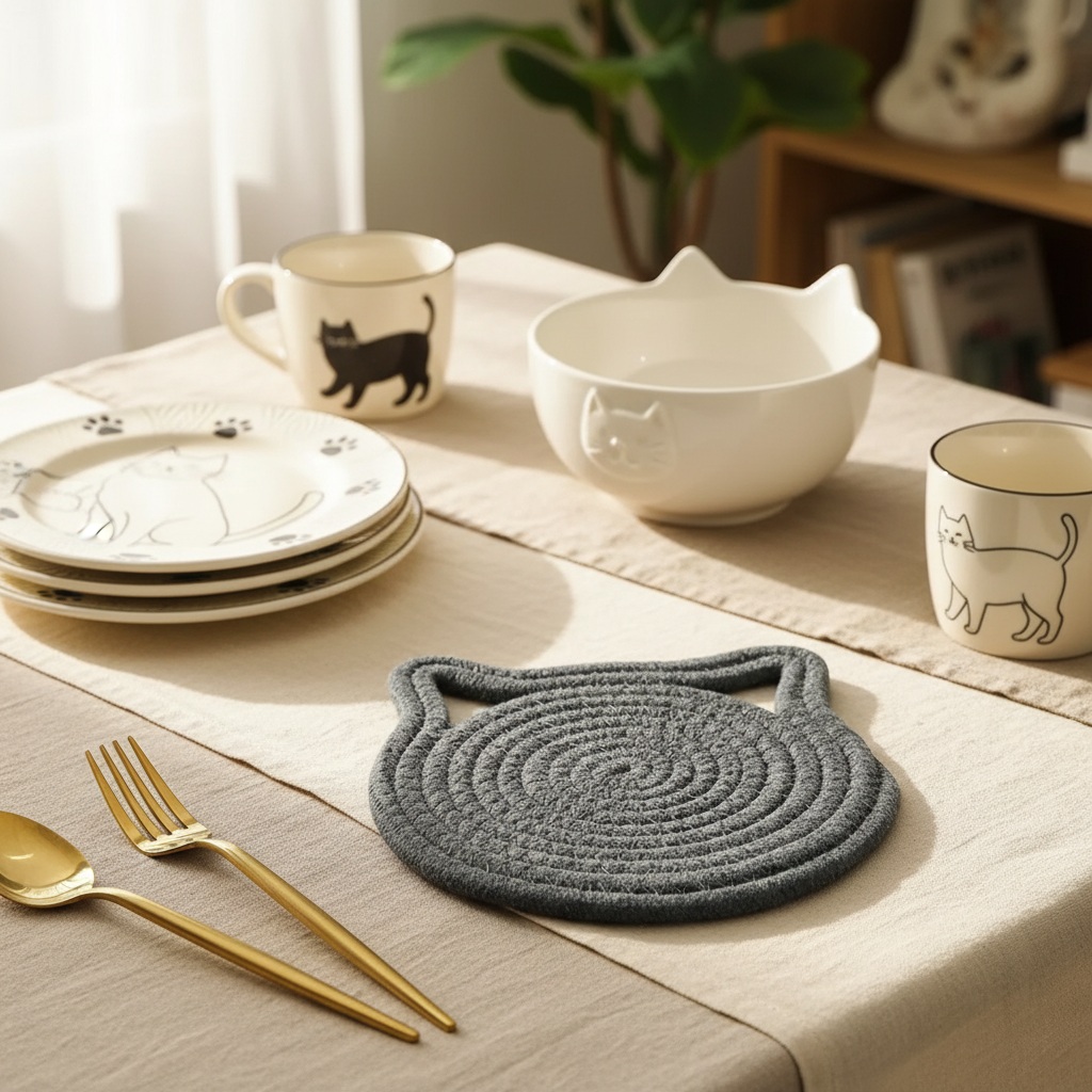 Cat-themed ceramic dishes and gray trivet on a table with gold cutlery.