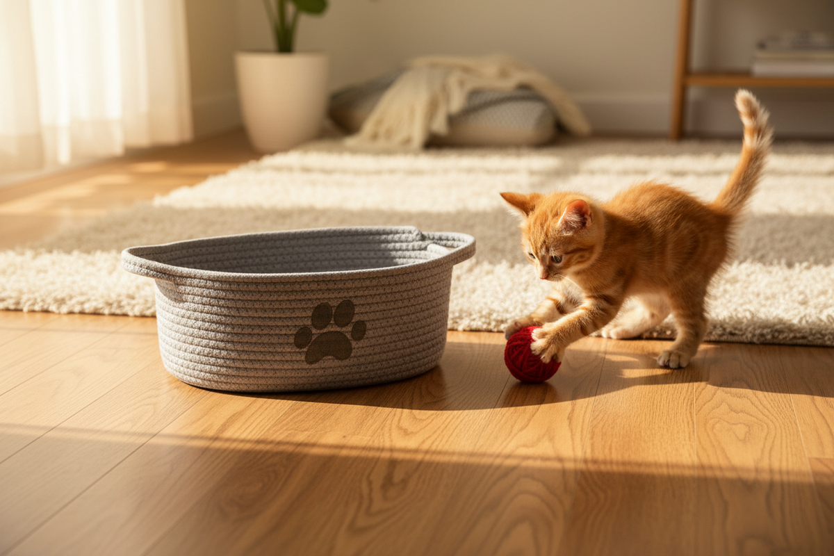 Orange Kitten playing with a red ball near a woven pet bed on a wooden floor.