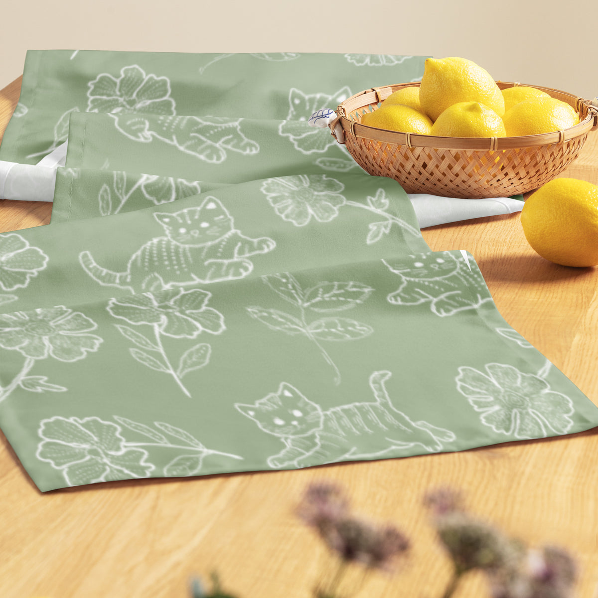 Table runner | Green Floral Cats