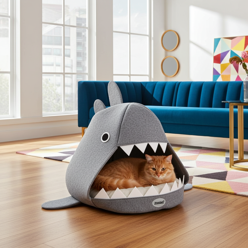 Cat lying in a shark-shaped pet bed in a modern living room.