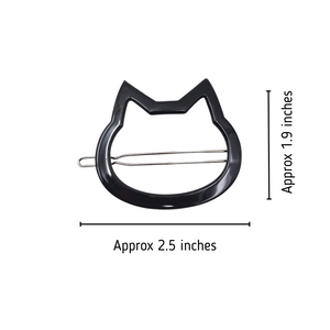 Black cat-shaped hair clip with dimensions on a white background