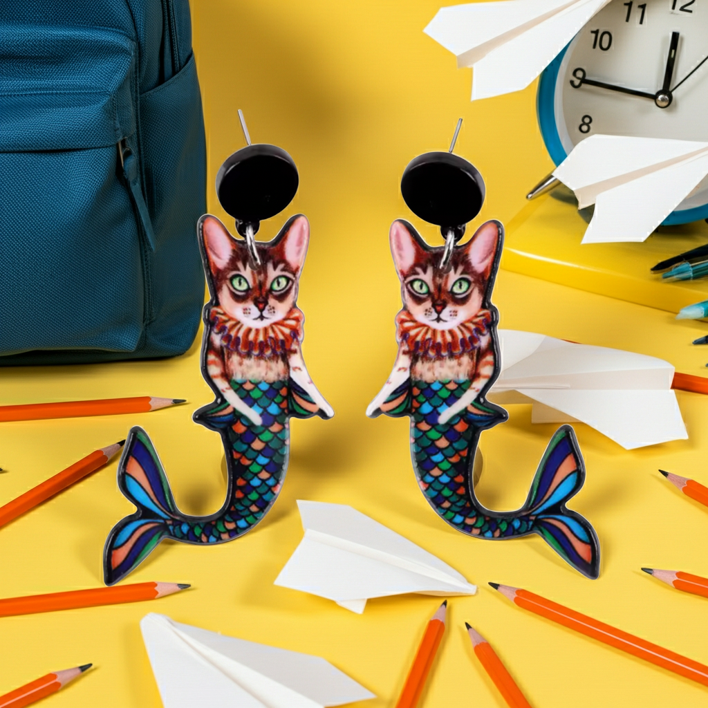 Mermaid cat earrings on a yellow background with school supplies.