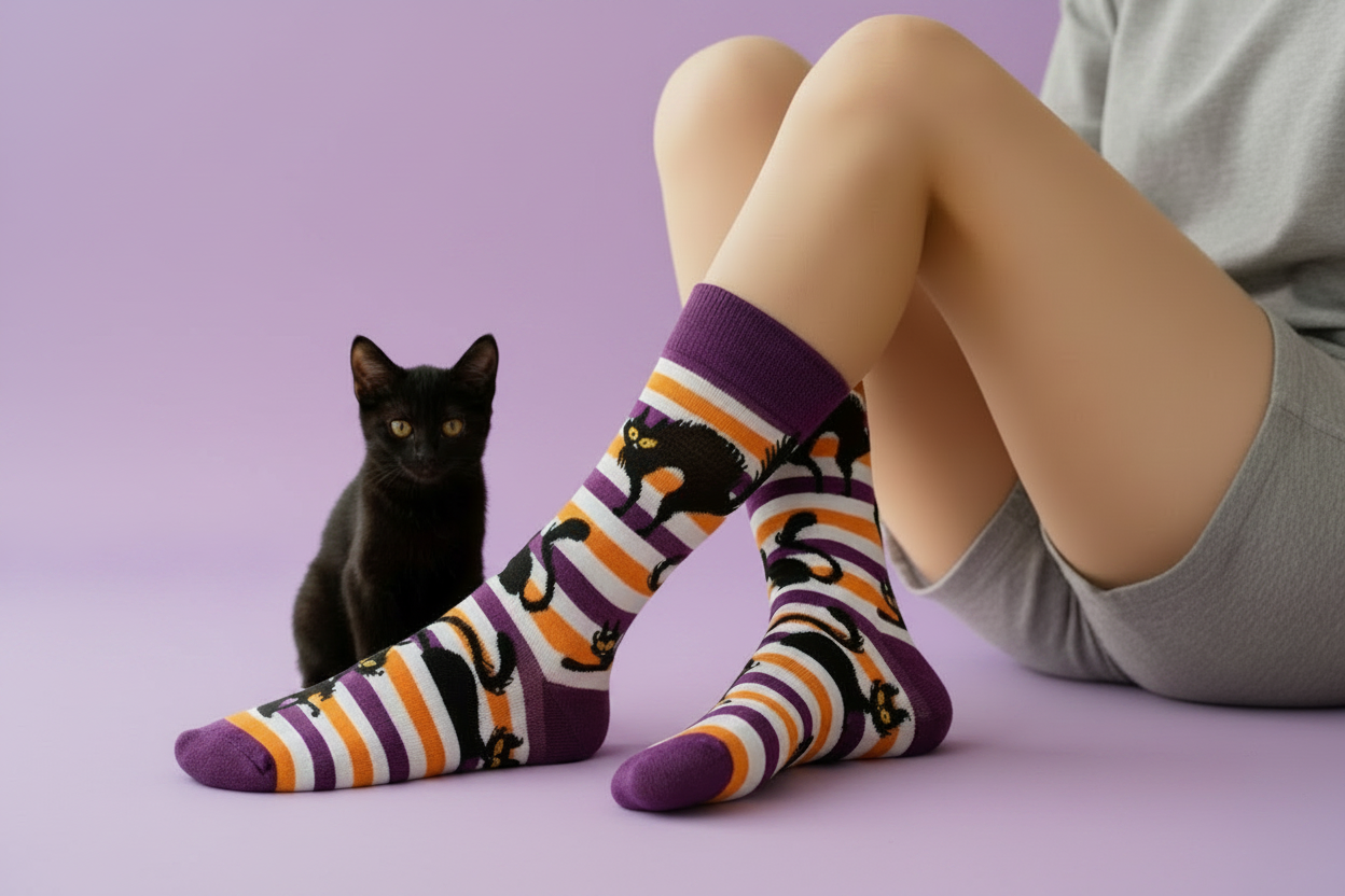 A person wearing patterned crew socks sits against a lavender background with a small black cat beside their legs. The socks have purple, white, orange, and black stripes with black cat silhouettes and small orange details.