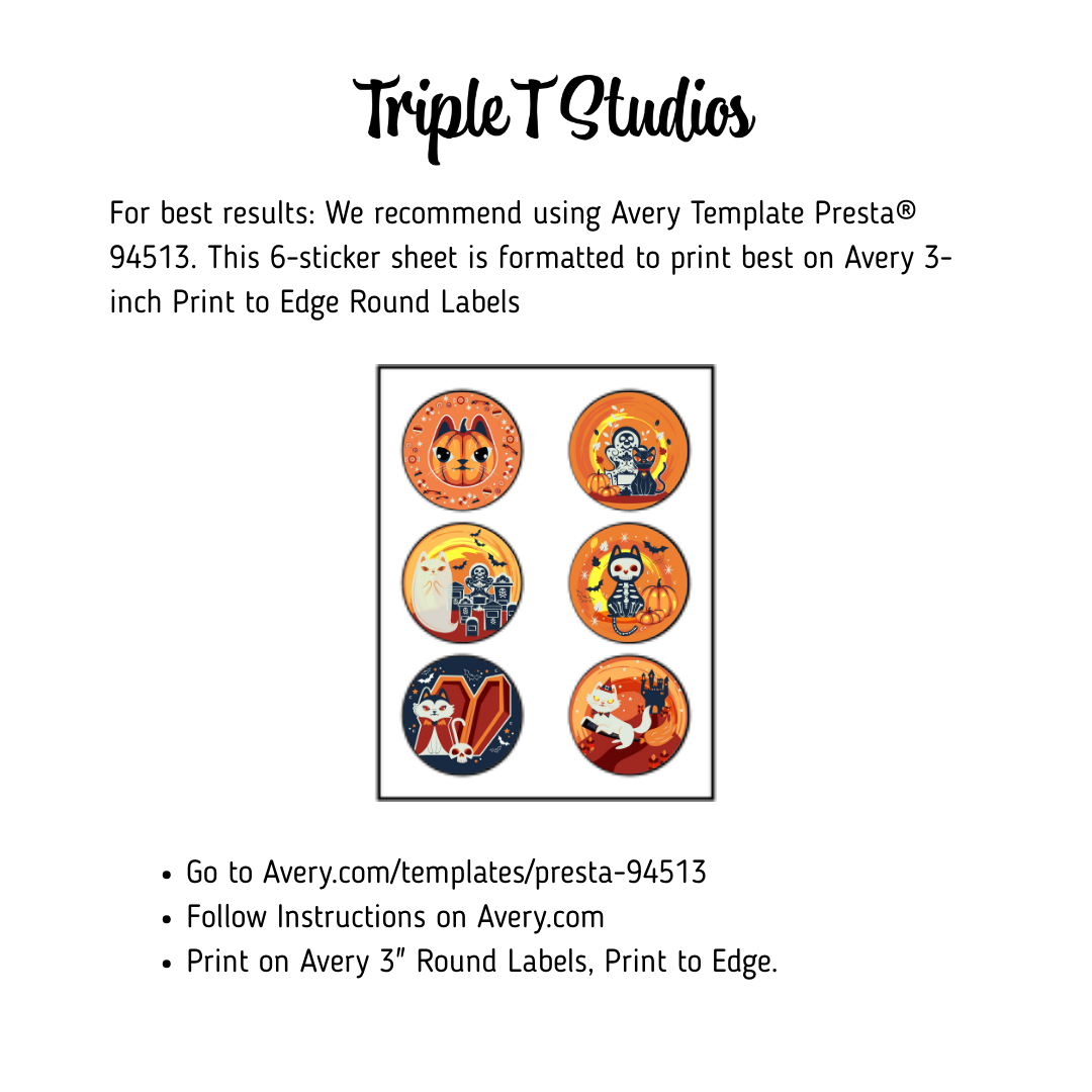 Cat Halloween Stickers | 3 sheets of 6 designs | Printable