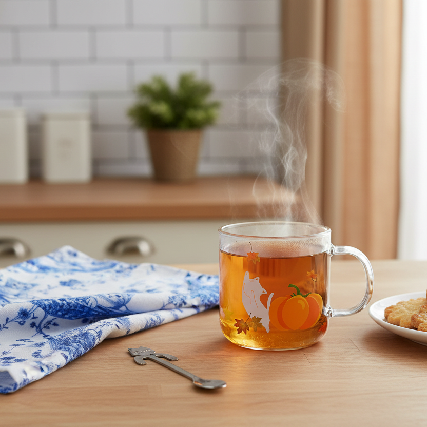 Steaming glass mug of tea with cats and pumpkins hand painted on a wooden table next to a cat pattern kitchen towel and cat spoon