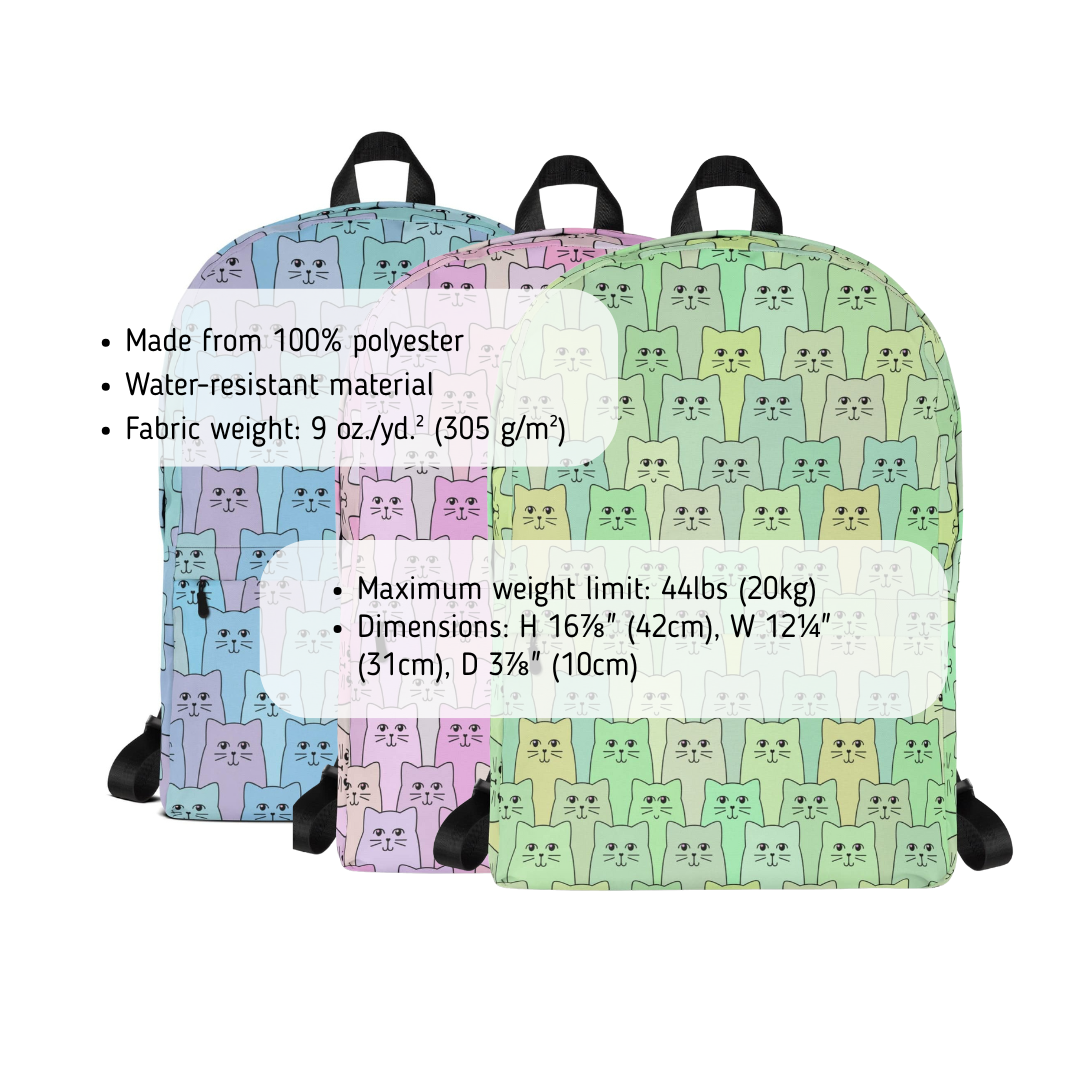 Backpack with cat pattern with dimensions on a white background