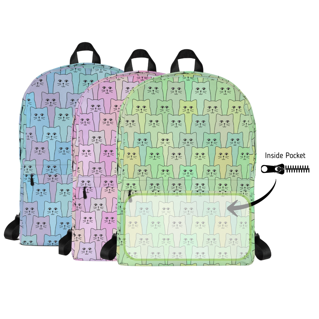 Three backpacks with cat pattern on a white background