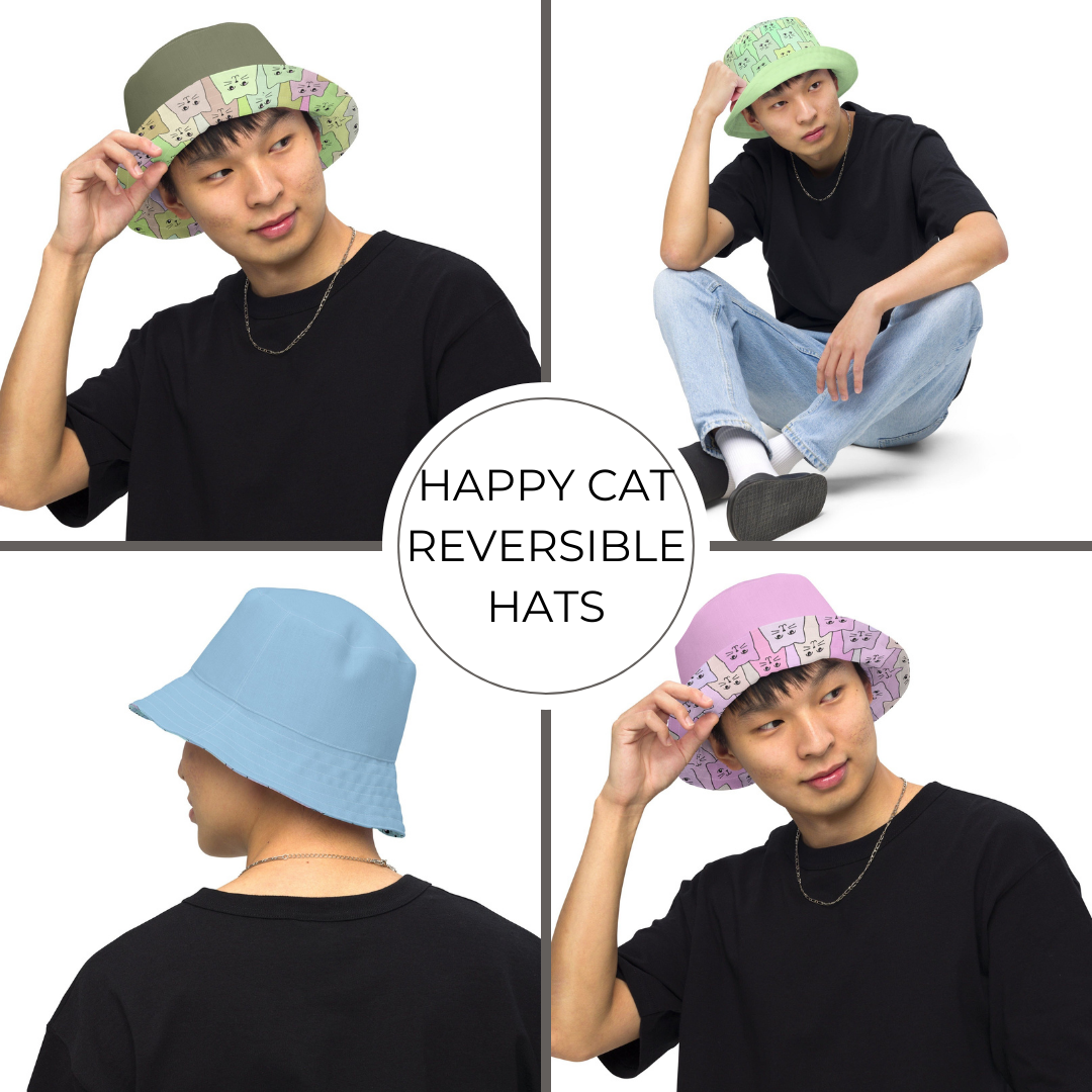 Collage of a person wearing reversible hats with different cat inspired designs on a white background.
