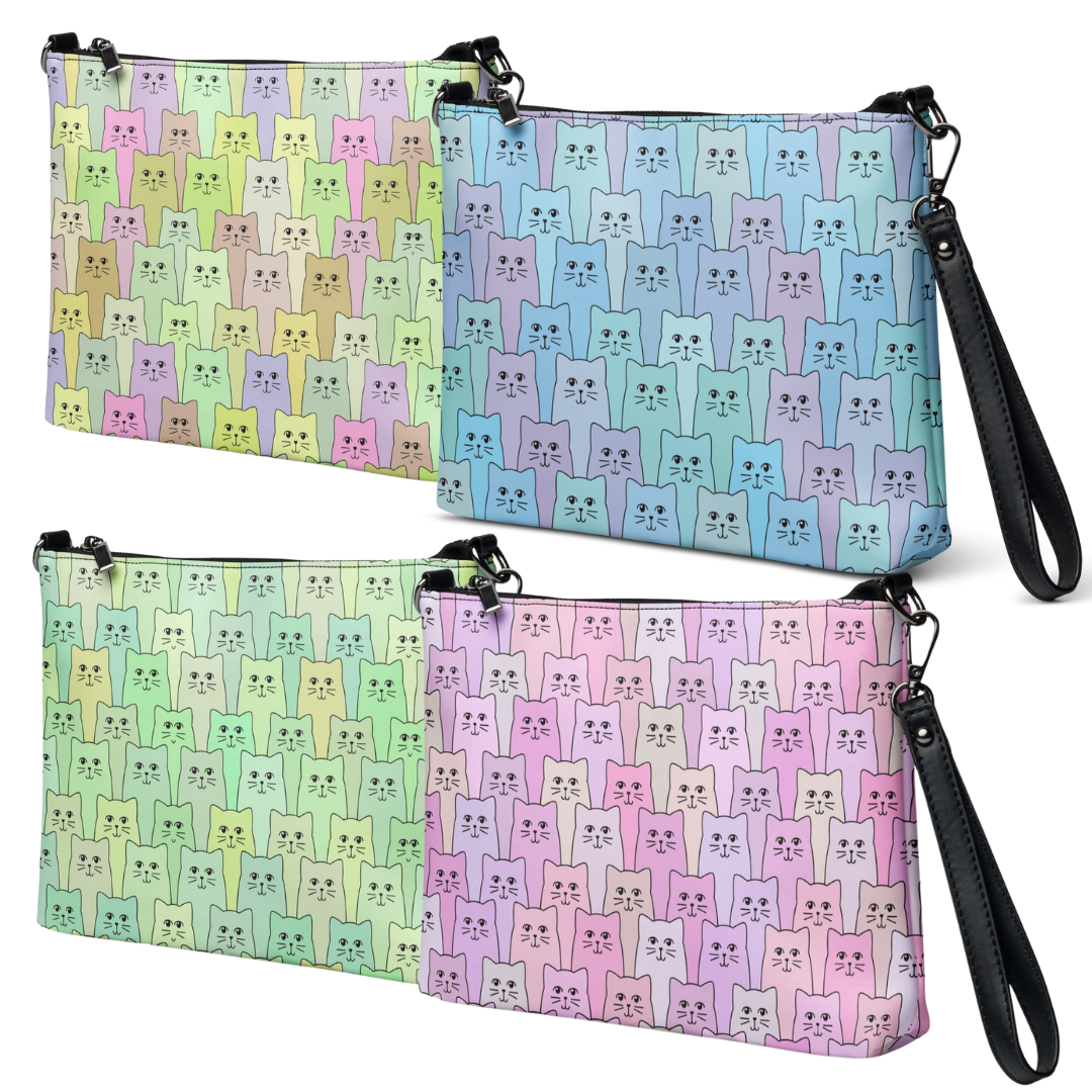 Three colorful pouches with cat pattern on a white background