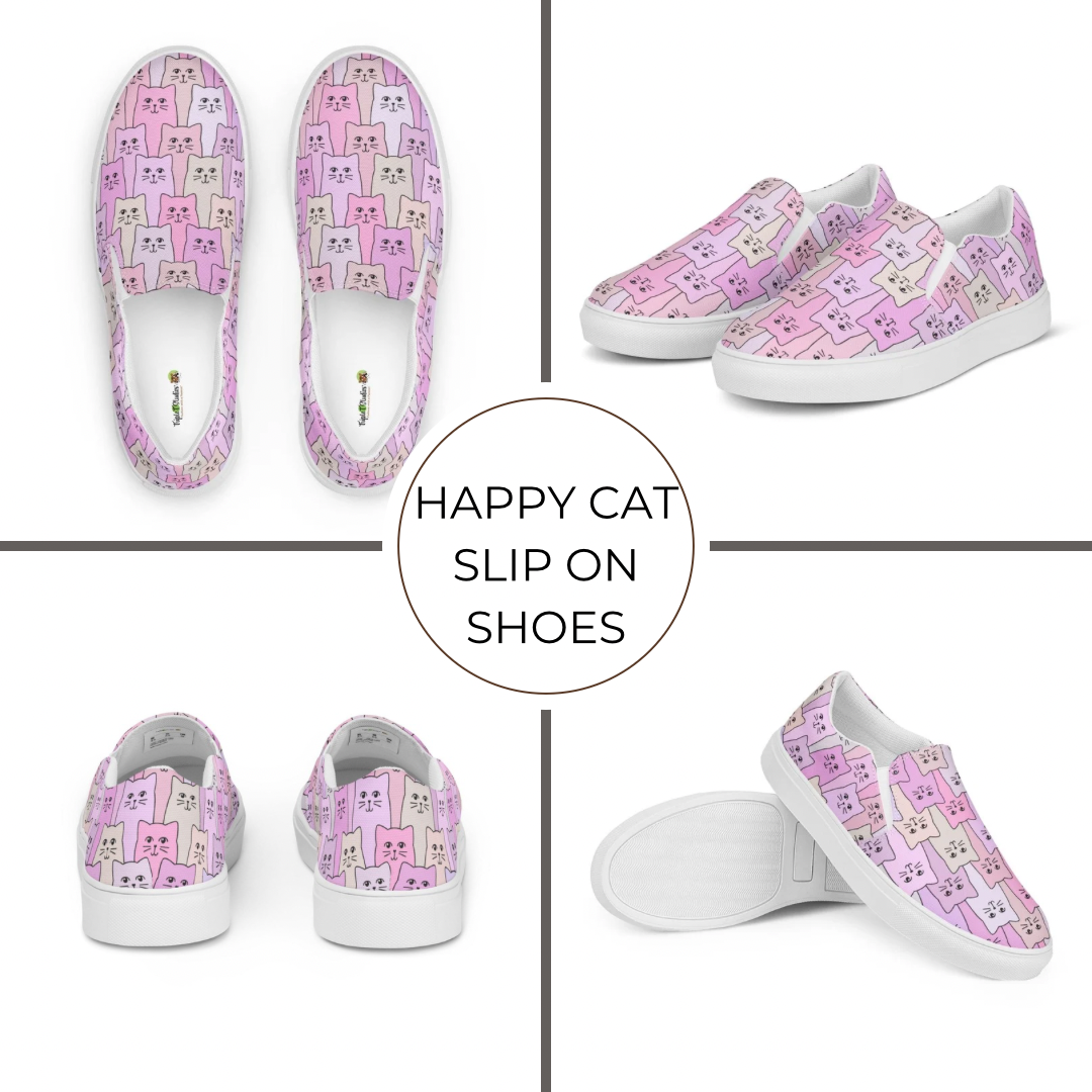 Pink slip-on shoes with cat pattern and 'Happy Cat Slip On Shoes' text.