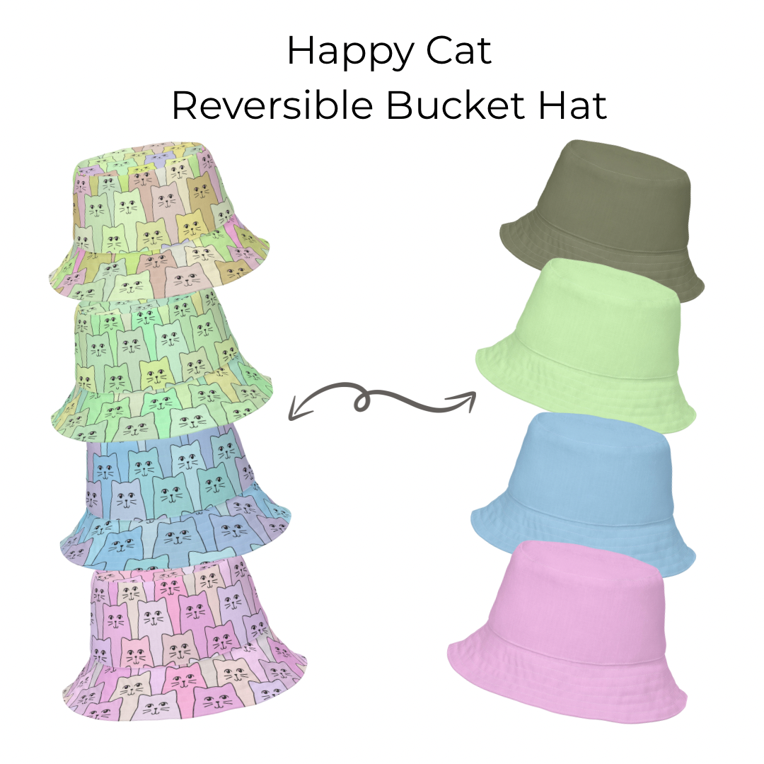 Happy Cat reversible bucket hat with pastel colors and cat pattern on a white background