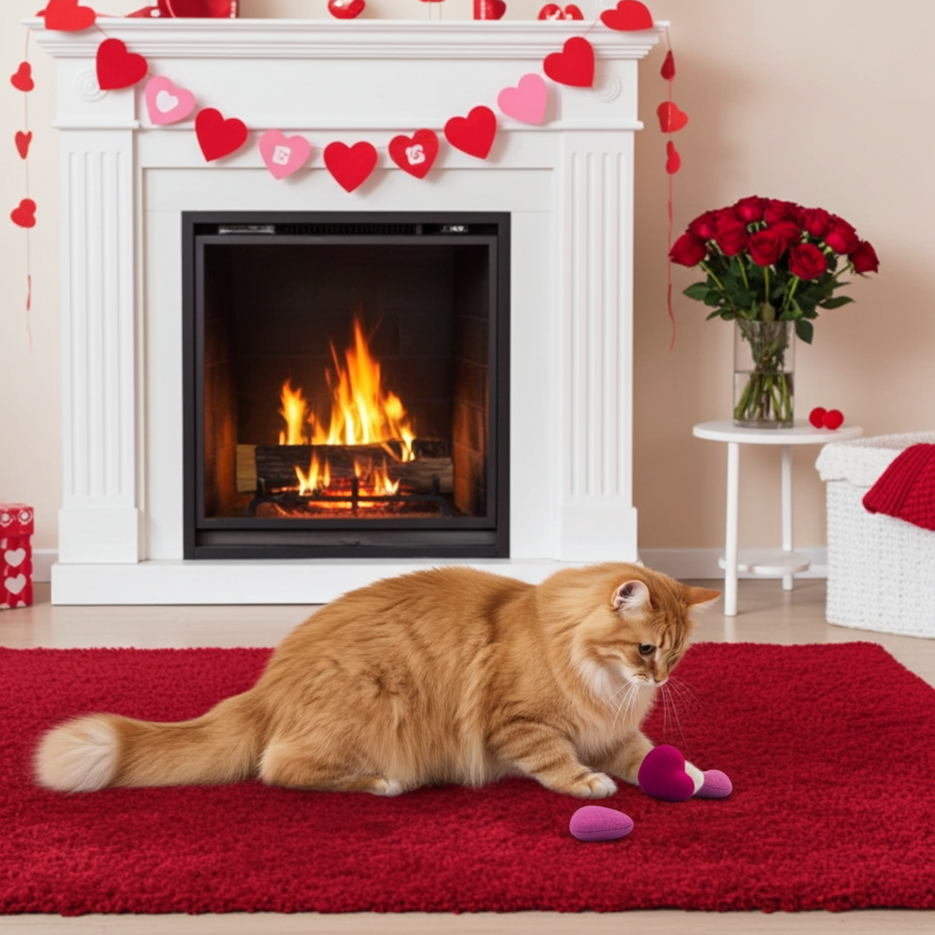 Cat playing with a heart-shaped toy in front of a fireplace decorated for Valentine's Day.