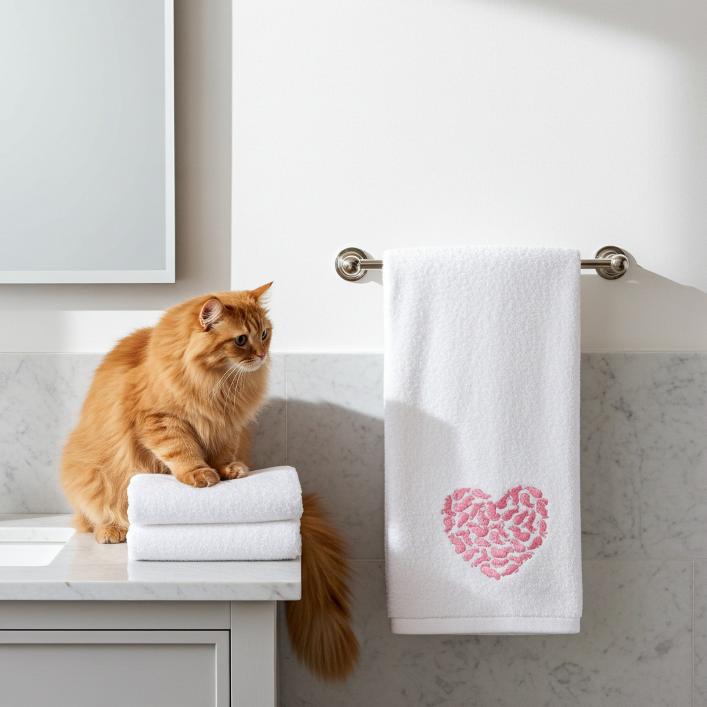 Cat sitting on a stack of white towels with an embroidered hand towel featuring a pink heart design made of cats.