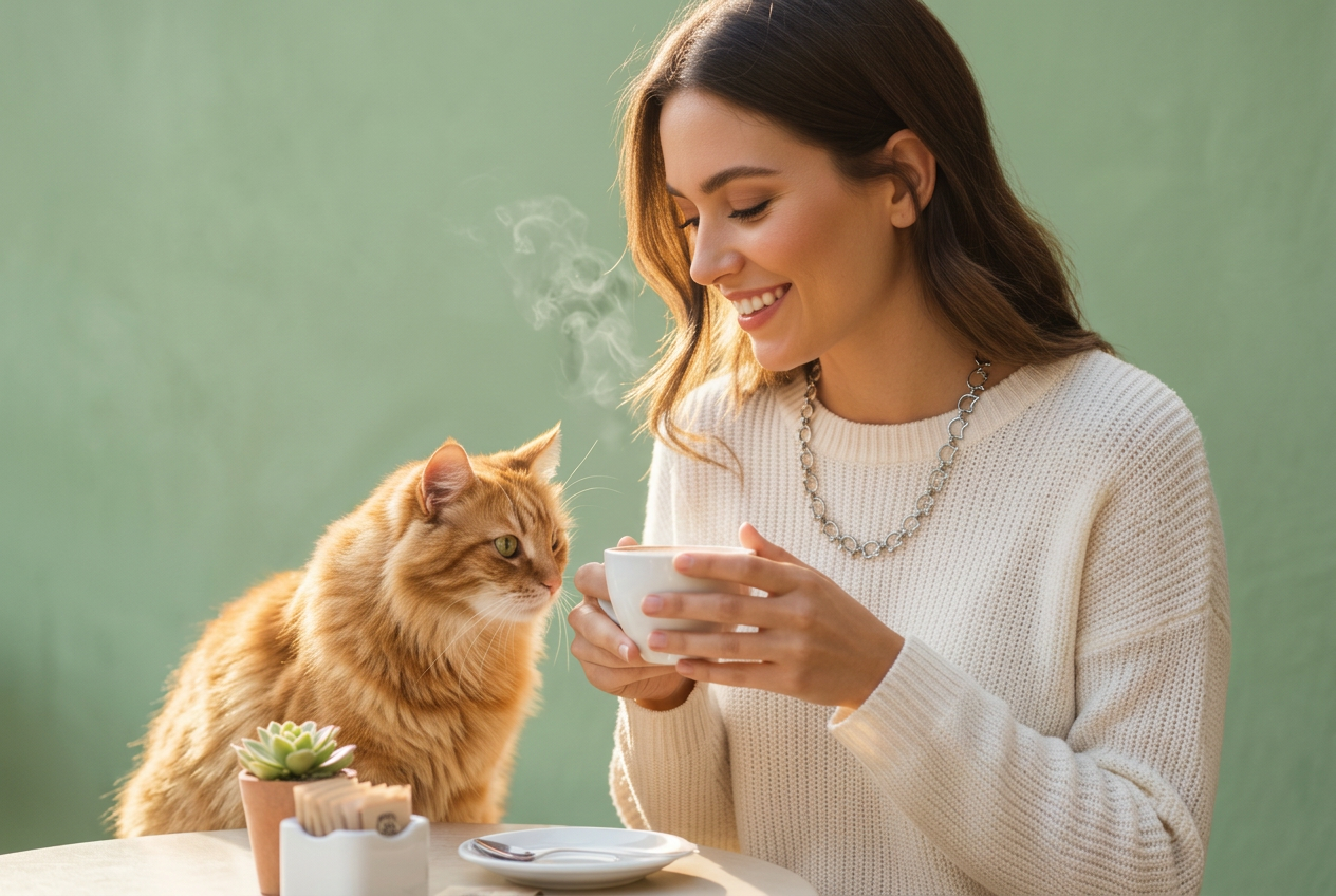 Woman drinking from a mug seated a table with a cat closely watching. Sugar packets and a small succulent on the table.