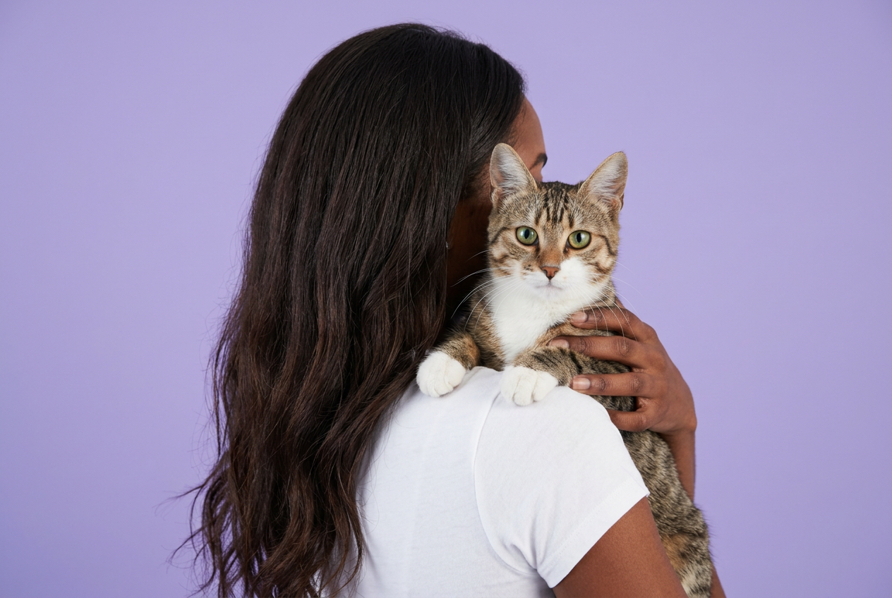 Woman with long wavy dark hair faces away from the camera and holds a tabby cat in her arms. The cat looks directly at the camera.