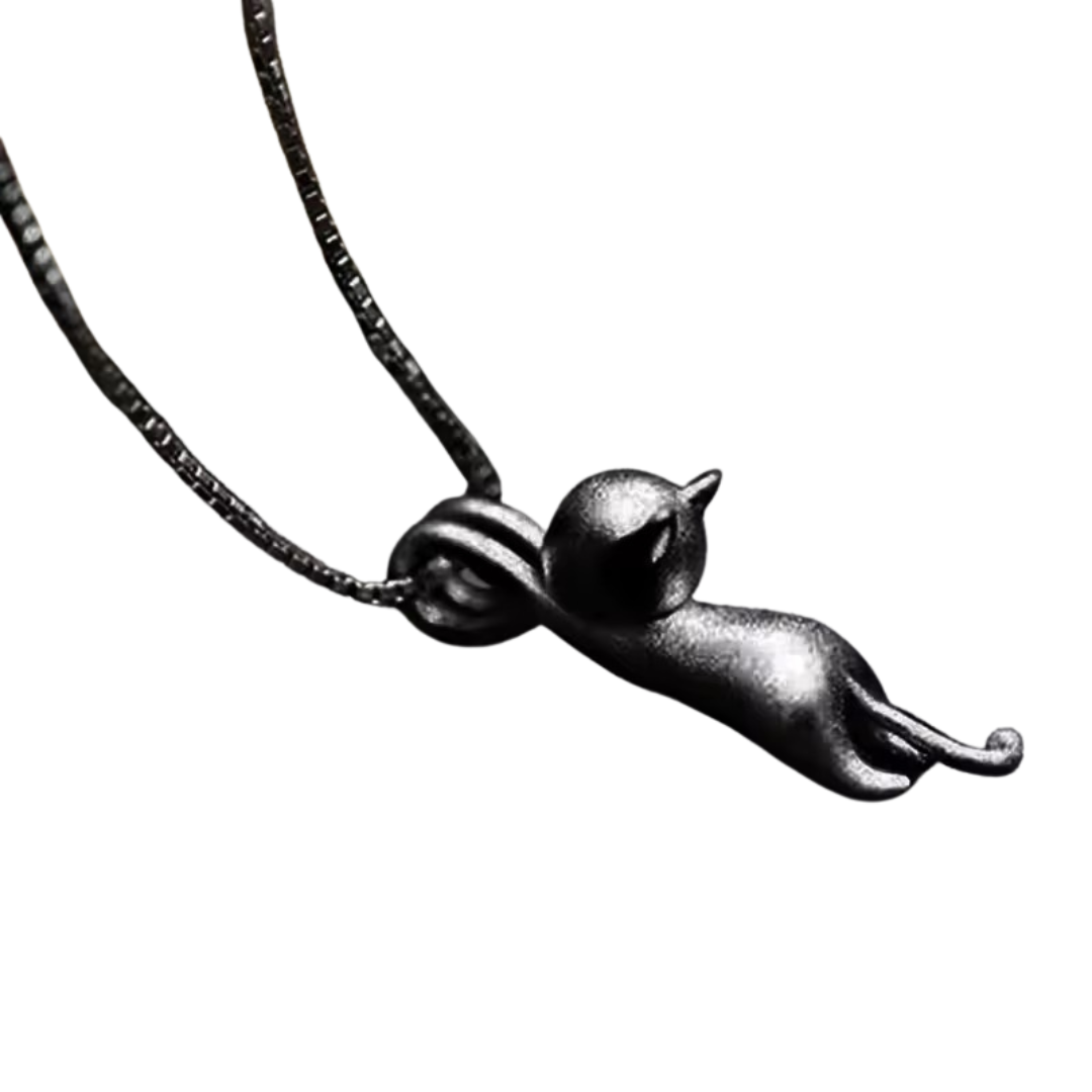 Black metal cat pendant dangling from front paws on a black metal necklace