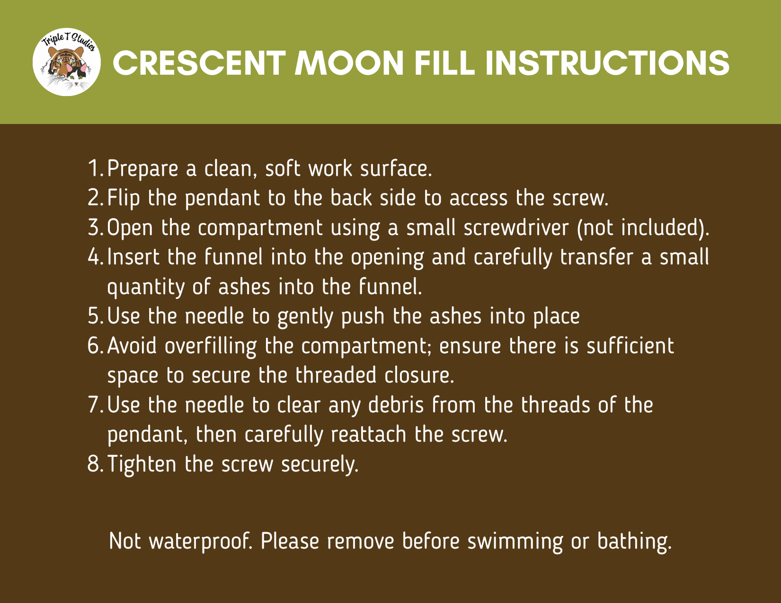 Instructions for using a crescent moon pendant with a brown background and green header.